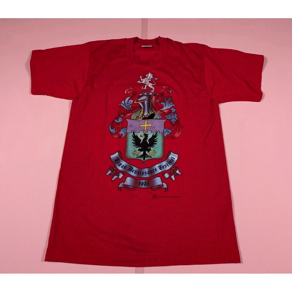 VTG Texas Renaissance Festival 1990 Red Single Stitch T-shirt Medieval Crest Med